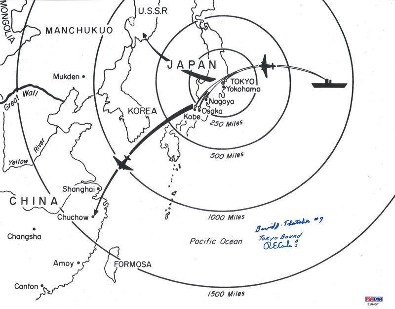 Richard E. Cole David Thatcher Signed 11x14 Doolittle Raid Map PSA DNA LOA0