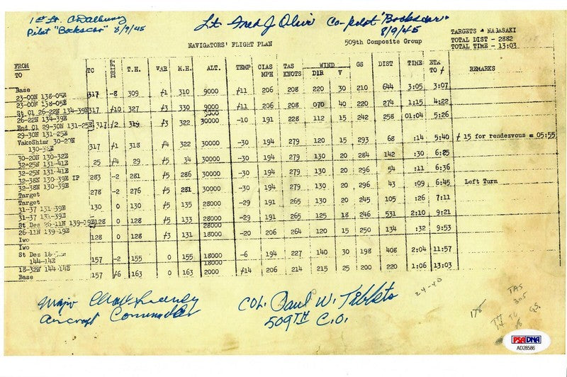 BOCKSCAR CREW MULTI SIGNED FLIGHT PLAN 8/9/1945 PSA DNA AD28586 (D) RARE0