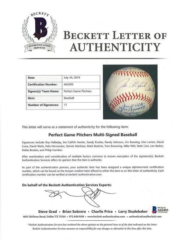 PERFECT GAME MULTI SIGNED BASEBALL BAS A62493 17 AUTOS HUNTER KOUFAX HALLADAY5