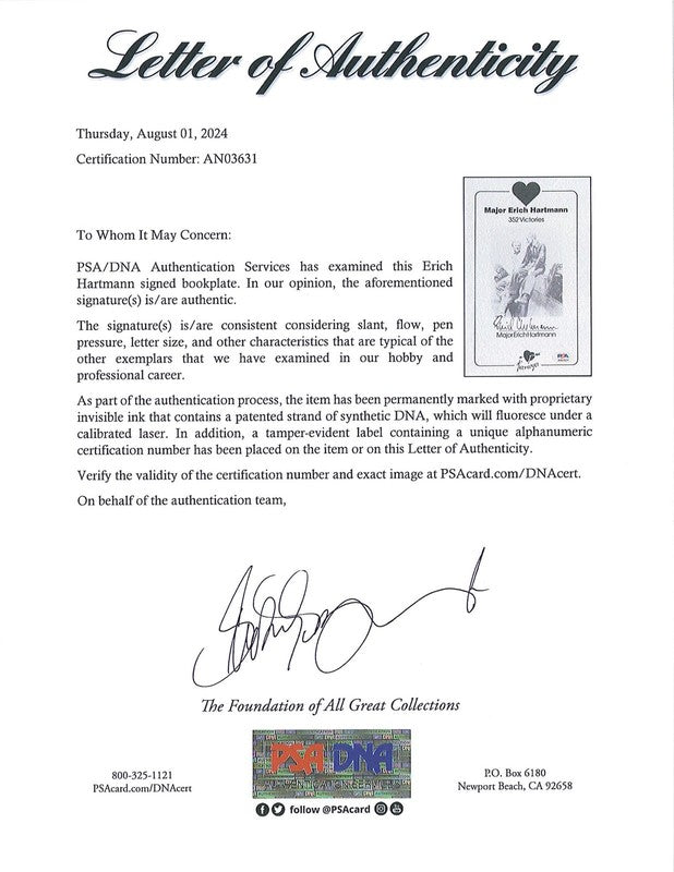 Erich Hartmann Signed Bookplate PSA DNA LOA WWII German Ace 352 Victories1