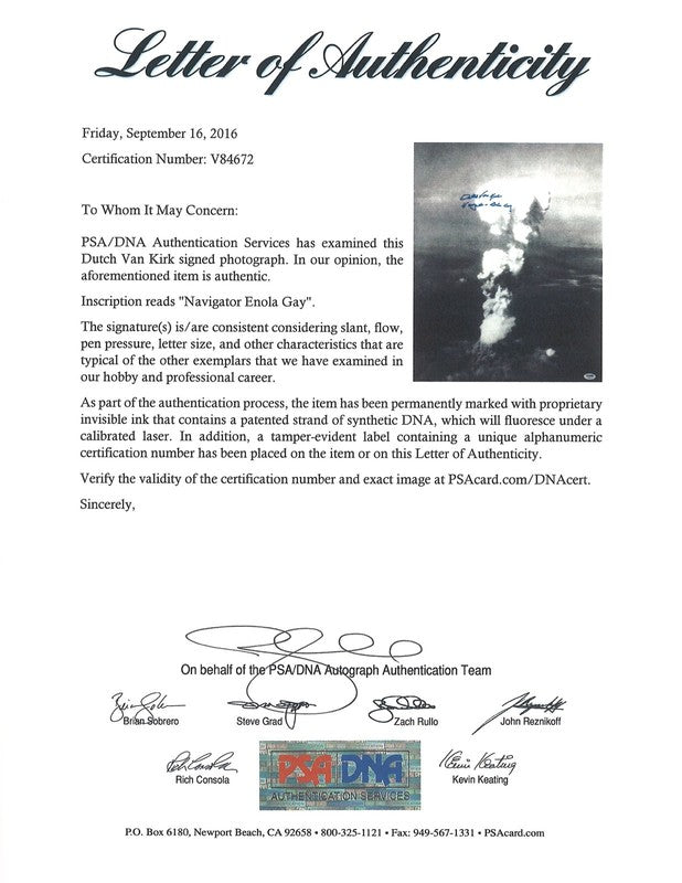 Theodore "Dutch" Van Kirk Signed 16x20 Hiroshima Atomic Bomb Photo PSA DNA LOA1