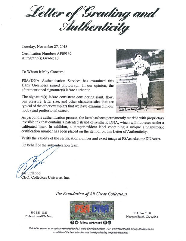 HANK GREENBERG SIGNED 8X10 PSA DNA AF09169 (D) GEM MINT 10 AUTO1
