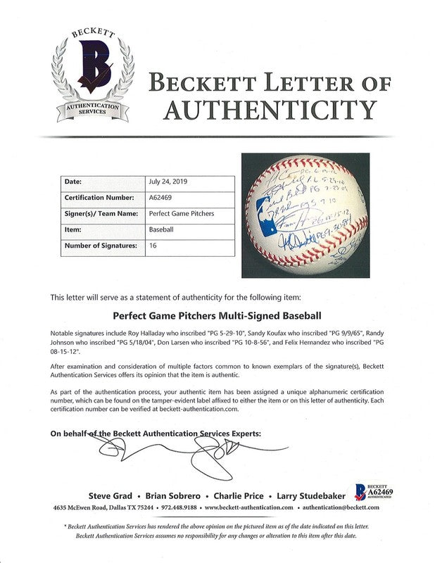 PERFECT GAME MULTI SIGNED BASEBALL BAS A62469 16 AUTOS KOUFAX JOHNSON LARSEN5