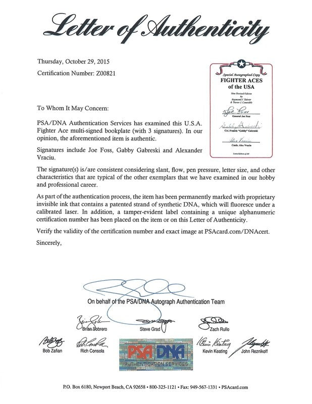 Fighter Aces of the USA Signed Bookplate PSA DNA Foss Gabreski Vraciu1