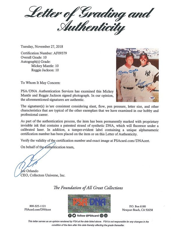 MICKEY MANTLE & REGGIE JACKSON DUAL SIGNED 8X10 PSA DNA AF09379 GEM MINT 10 AUTO1