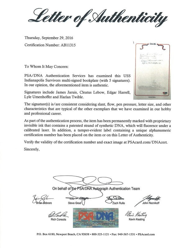 USS Indianapolis Survivors Signed Bookplate PSA DNA LOA 5 Survivor Autos1
