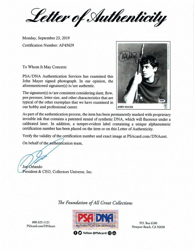 John Mayer Signed 8x10 Photograph PSA DNA Encapsulated w/ LOA Full Signature 291