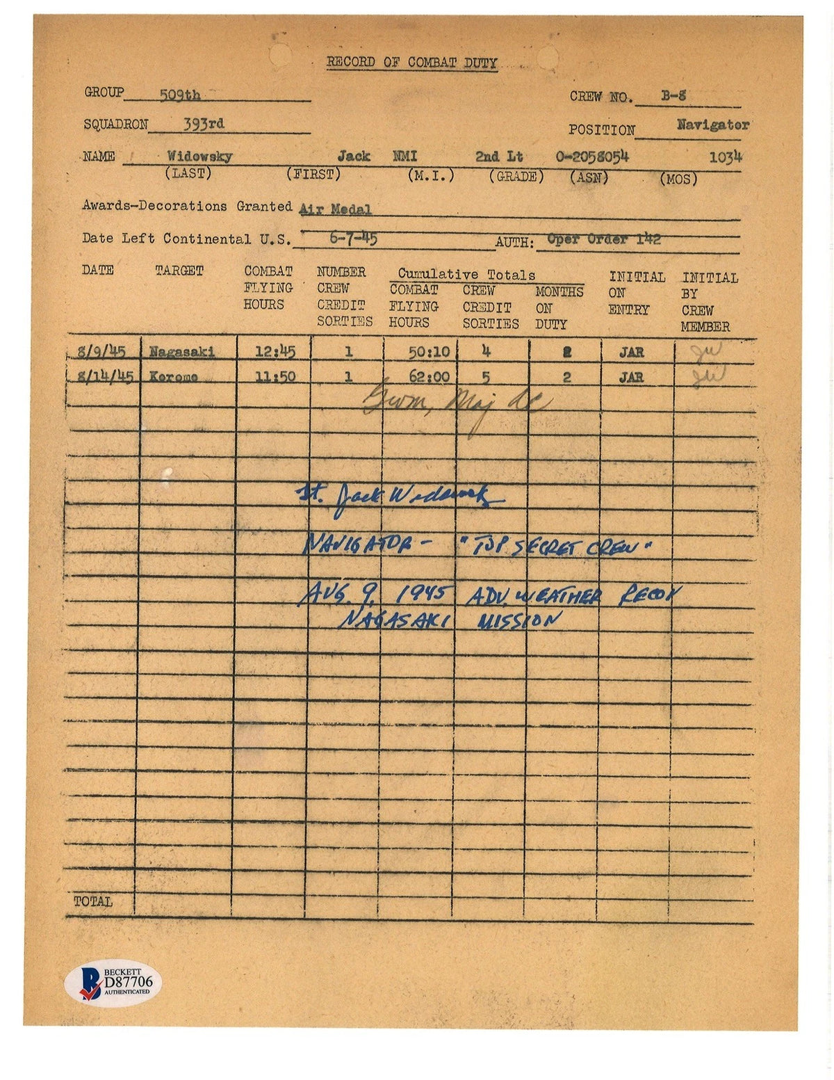 Jack Widowsky Signed 509th Nagasaki Weather Recon Navigator BAS D87706