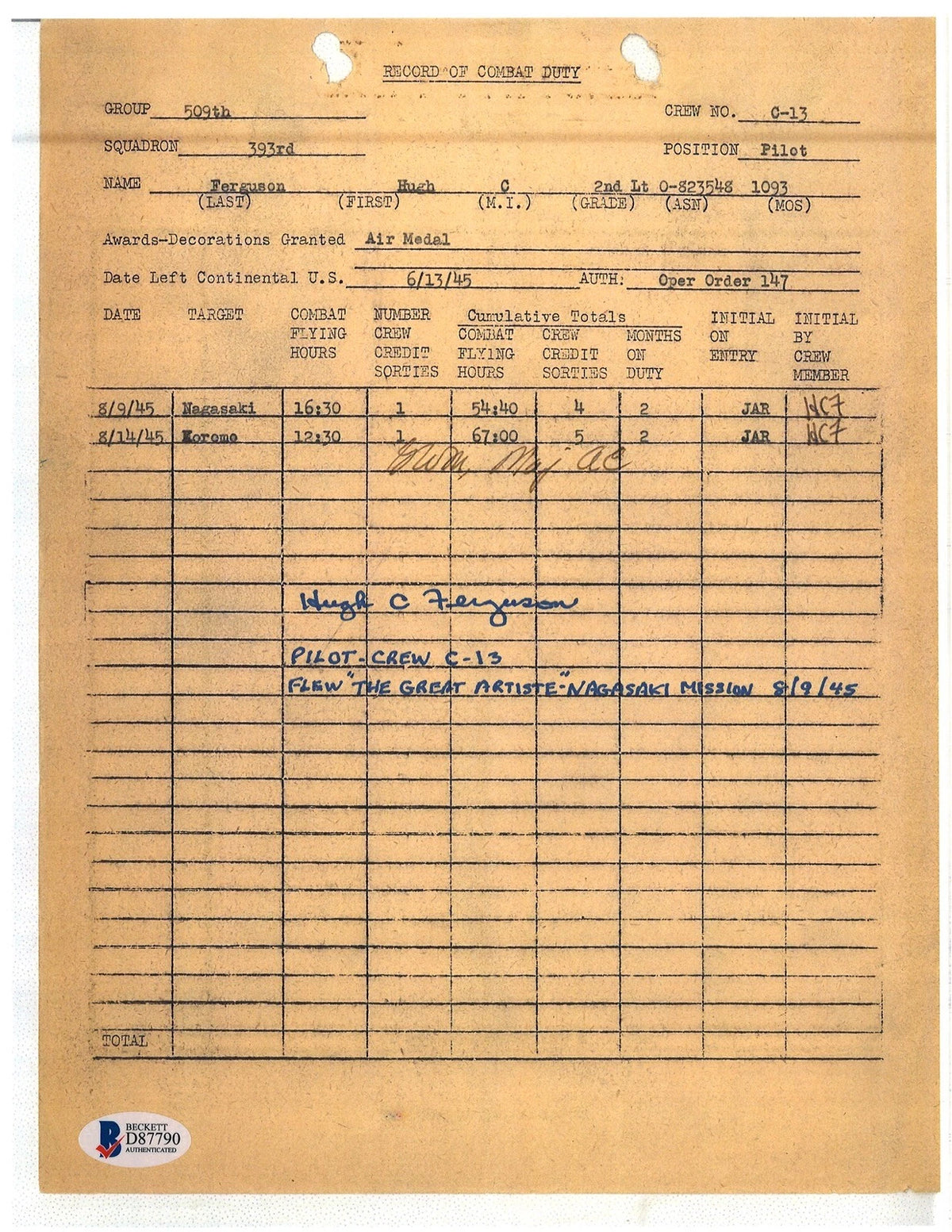 Hugh Ferguson Signed Great Artiste Nagasaki Mission 509th Pilot BAS D87790