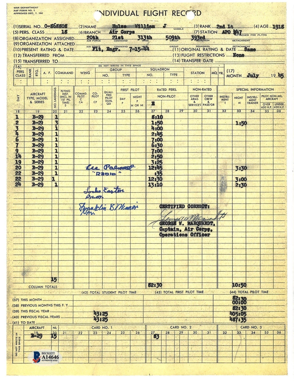 Lee Palmert Locke Easton Franklin Wimer Signed 509th Flight Record BAS A14646