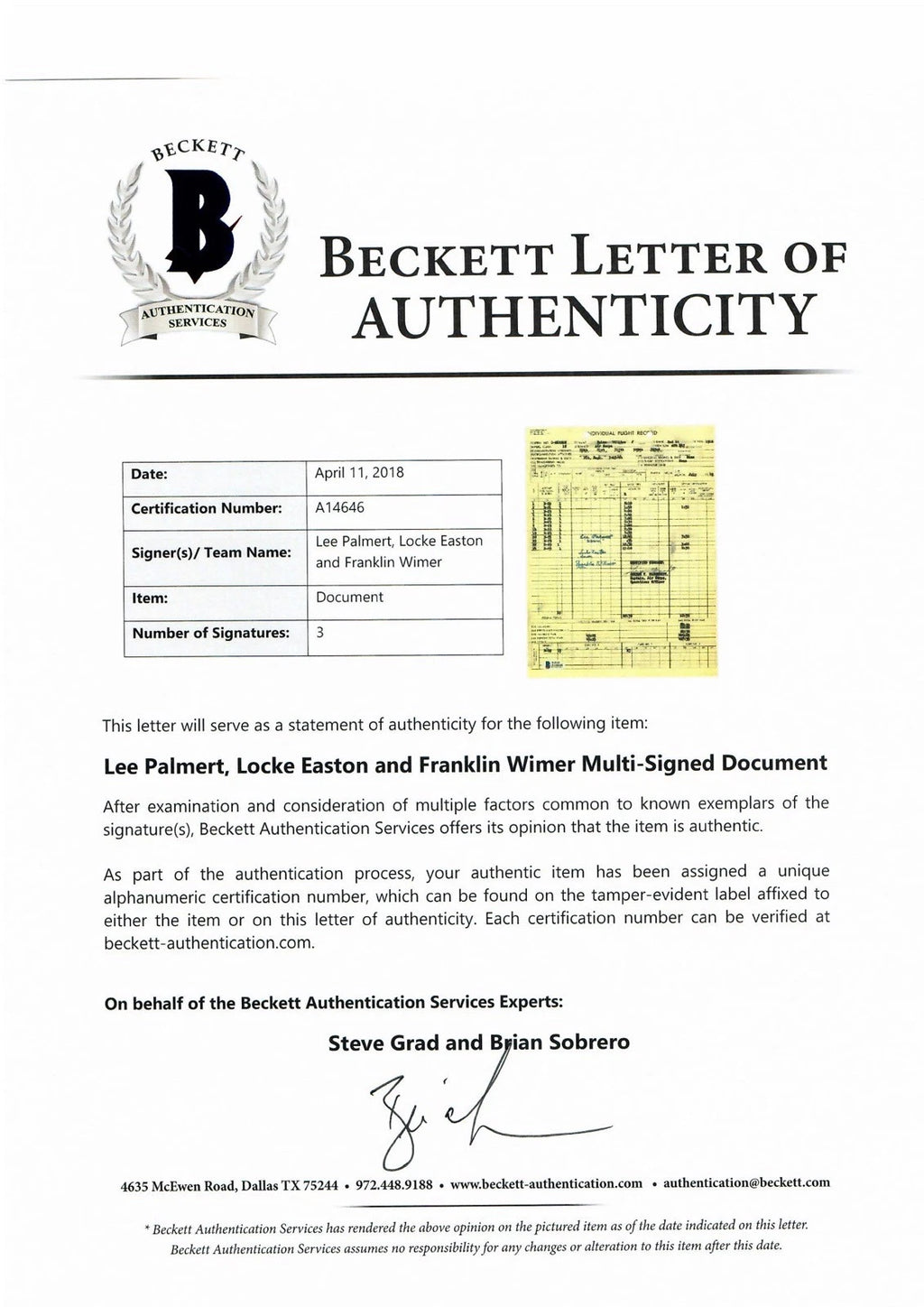 Lee Palmert Locke Easton Franklin Wimer Signed 509th Flight Record BAS A14646